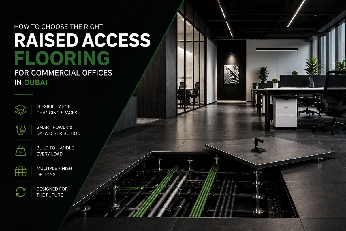Commercial office in Dubai with a raised access floor panel lifted to expose services