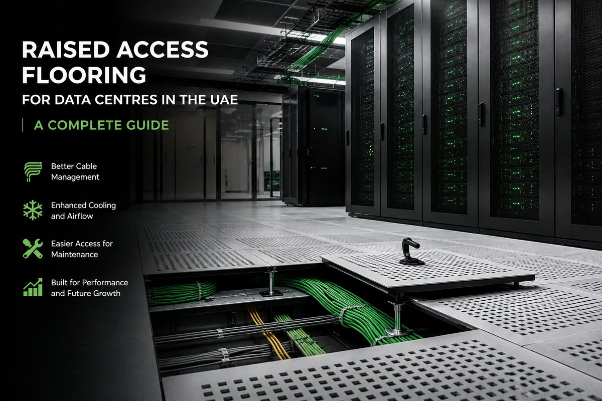 Raised access flooring in a UAE data centre with perforated panels and underfloor cabling